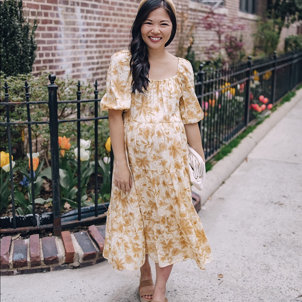 Yellow floral puff sleeve midi dress